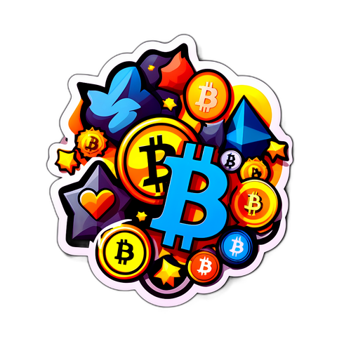 Креативний дизайн наліпки з стилізованими символами Біткоїна та інших криптовалют в комікс-формі