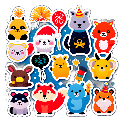 새해를 축하하는 다양한 동물 스티커