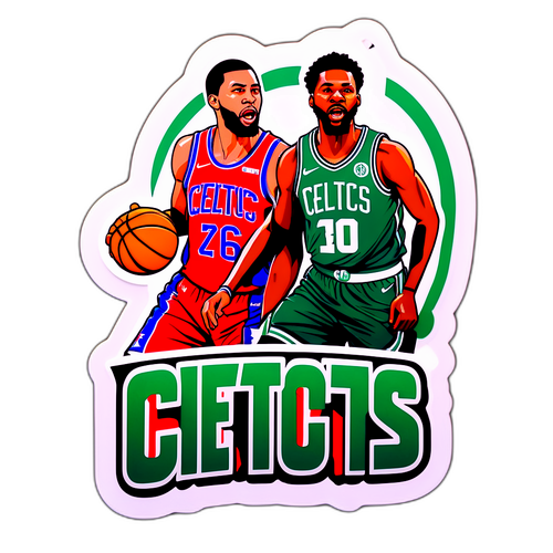 Un adhesivo que muestra a los Celtics y 76ers en un enfrentamiento épico