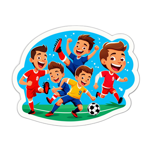 Наклейка с веселыми анимационными персонажами, играющими в футбол