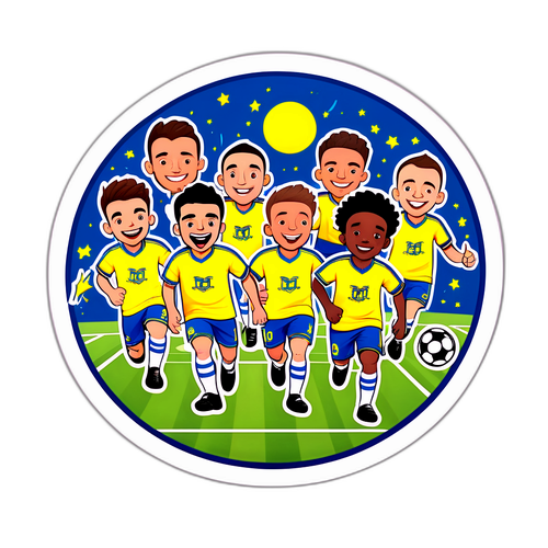 עיצוב מסקרן של מגרש כדורגל עם דמויות מצוירות של שחקני מכבי תל אביב חוגגים ניצחון