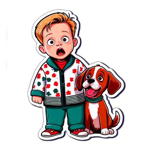 Ilustrație amuzantă a unui băiat în pijamale și un cățel