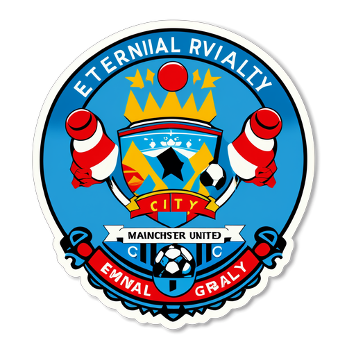 Sticker de Manchester City vs. Manchester United con diseño de dos pelotas colisionando y la frase "Rivalidad eterna."