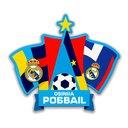 Diseño colorido de sticker mostrando una parade de banderas de Osasuna y Real Madrid con la frase 'La fiesta del fútbol'