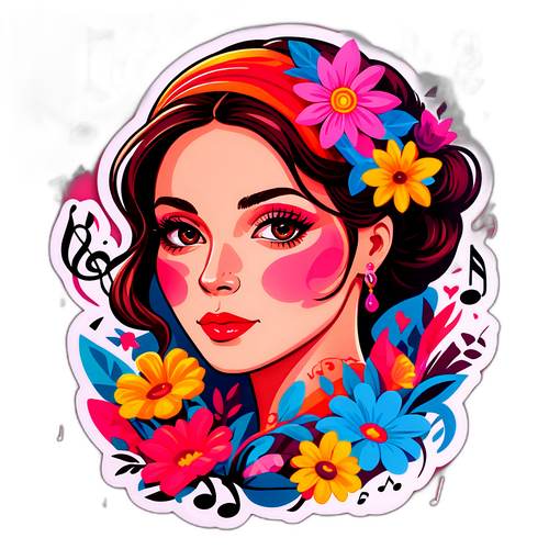 Яскравий портрет жінки в стилі Лариси Доліної, оточений квітами та музичними нотами