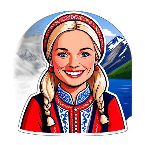 Illustration af Mette Marit i Traditionel Norsk Dragt