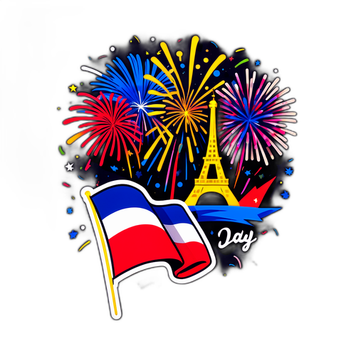 Un drapeau français flottant avec des feux d'artifice pour la fête nationale
