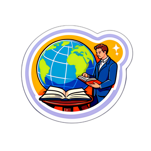 Sticker van Nicholas Braimbridge met een boek en een wereldbol