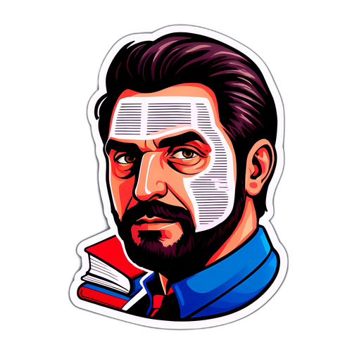 Design di un adesivo che rappresenta Stefano Massini con titoli di libri in evidenza