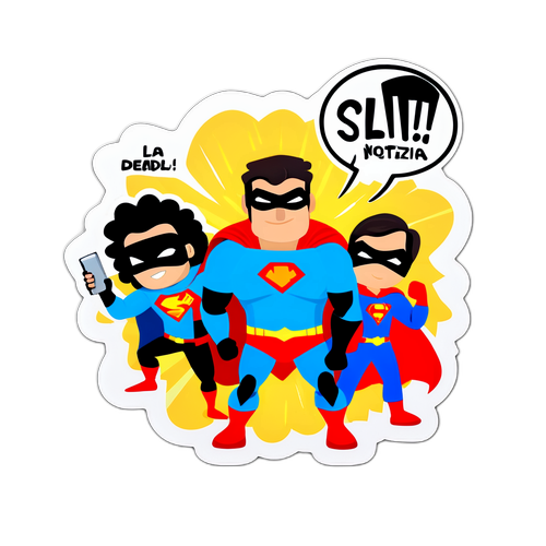 Sticker Giocoso dei Personaggi di Striscia la Notizia come Giornalisti Supereroi