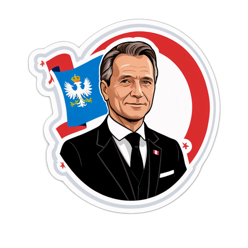 Aufkleber von Hans Niessl im Anzug mit politischen Symbolen und der Flagge Österreichs