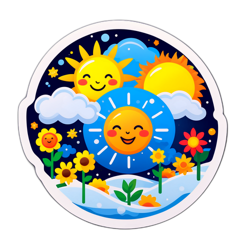 Sticker die het weer van morgen in verschillende seizoenen vertegenwoordigt