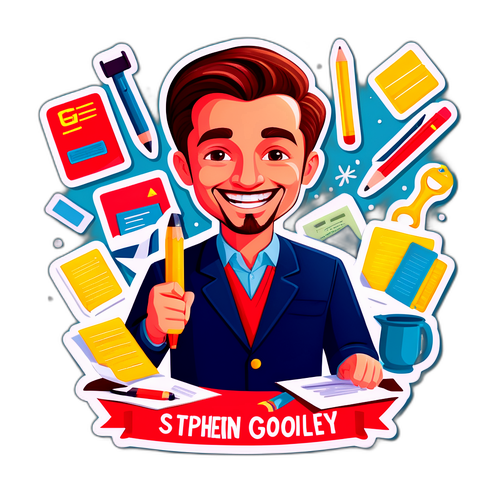 Стивен Гоголев с улыбкой, окруженный буквами и редакторскими инструментами