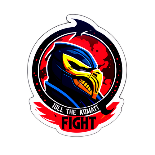 Dure sticker uit de Mortal Kombat-film met een heldere achtergrond en de slogan 'Fight'