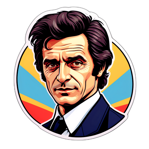 Illustration d'un autocollant de Julien Clerc sur un vinyle, avec un style vintage et des couleurs rétro