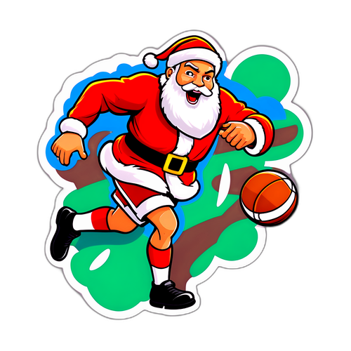 Cartoon-stijl sticker van een vrolijke kerstman met een basketbal