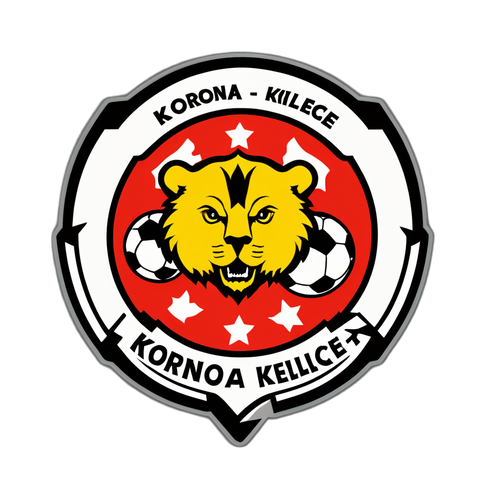 Emblemat Korony Kielce z piłkami nożnymi