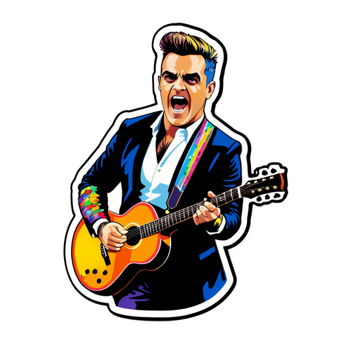 Diseño de una pegatina de Robbie Williams cantando con guitarra