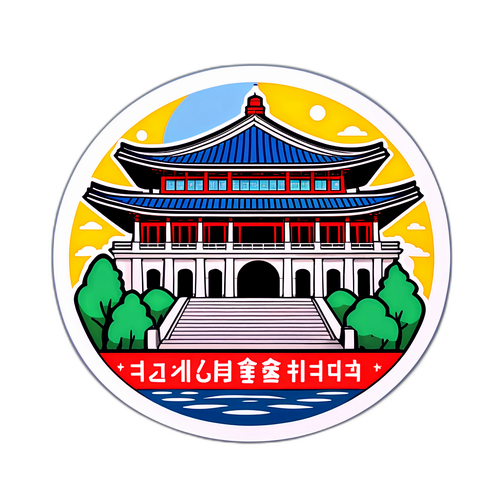 부산대학교의 유명 건물과 학생 캐릭터가 조화롭게 디자인된 스티커