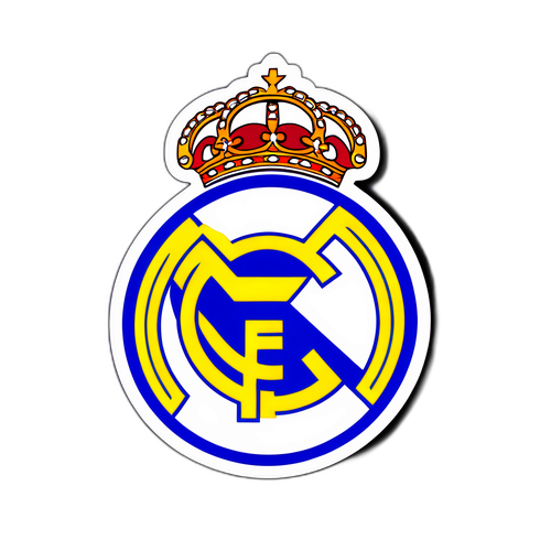 Real Madrid samolepka s jednoduchým designem loga na pozadí Santiago Bernabéu