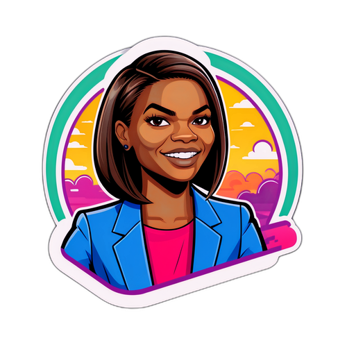 Cartoon logo van Candace Owens met krachtige slogan op kleurrijke achtergrond
