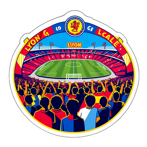 Ilustrație a unui stadion plin de susținători, pentru Lyon - Go Ahead Eagles, cu coregrafii emoționante