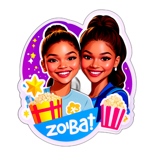 Nálepka se šťastnou postavou Zendayi, držící oblíbené filmové rekvizity a symboly