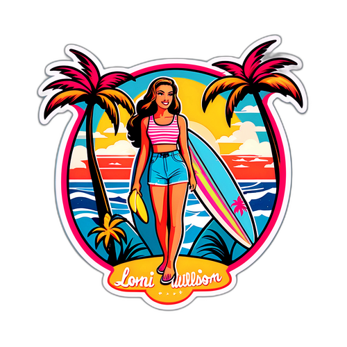 Retro Sticker van Loni Willison met Surfplanken en Palm Bomen
