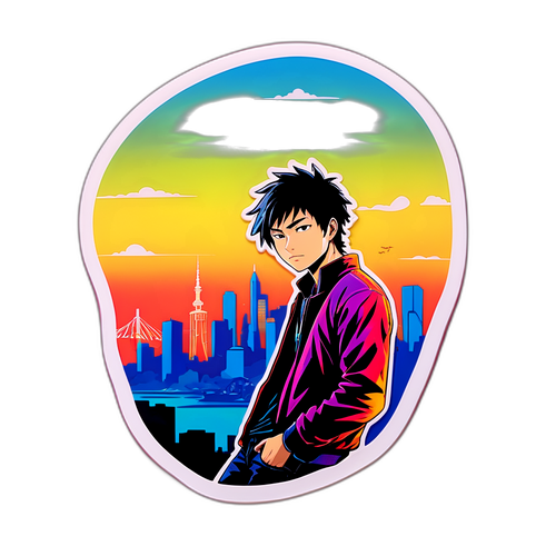 Kunsten sticker af Junnosuke Suzuki i en by ved solnedgang
