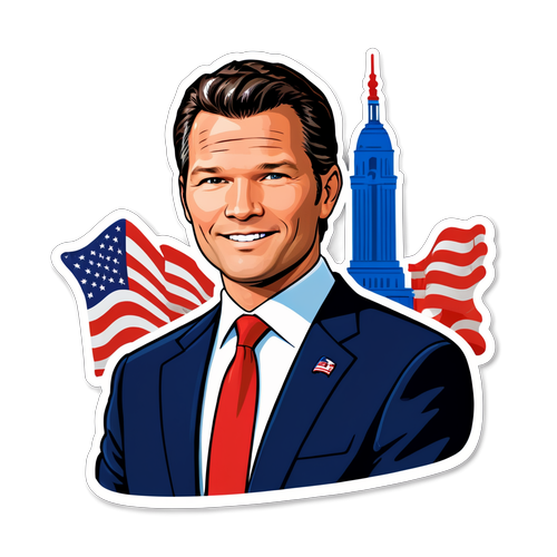 Sticker med Pete Hegseth og amerikanske vartegn