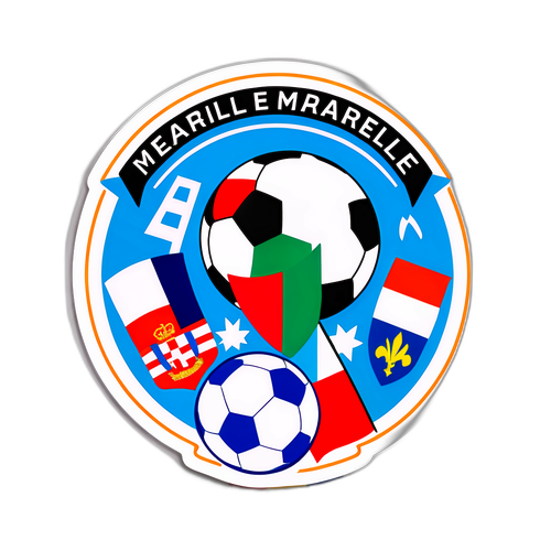 Un autocolant care prezintă steagurile Marsiliei și Le Havre pe un fundal sportiv cu o minge de fotbal în centru