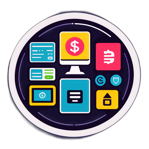 Thiết kế sticker với hình ảnh bảng điều khiển máy tính và biểu tượng fintech