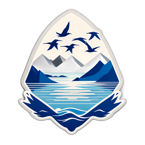 Diseño estilizado de un delta con aves volando y vista panorámica del agua
