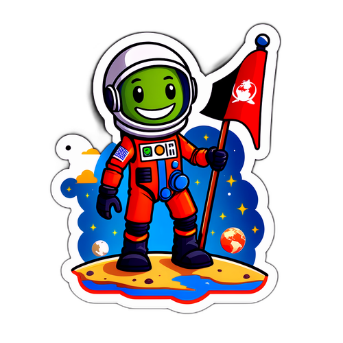 Счастливый марсианин с флагом Земли и марсоходом