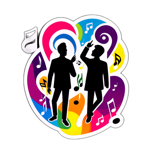 Autocollant coloré représentant un duo musical dans un environnement artistique inspirant
