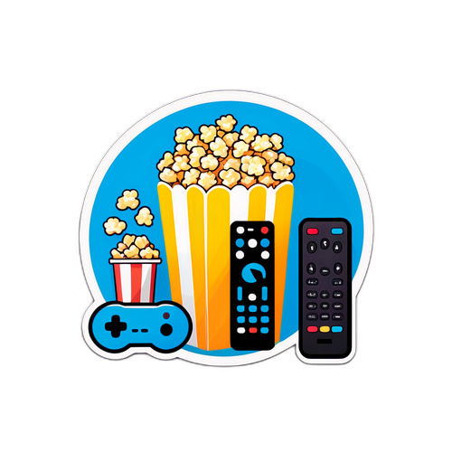 Autocollant avec le logo d'Amazon Prime Video, entouré de popcorn et de télécommandes