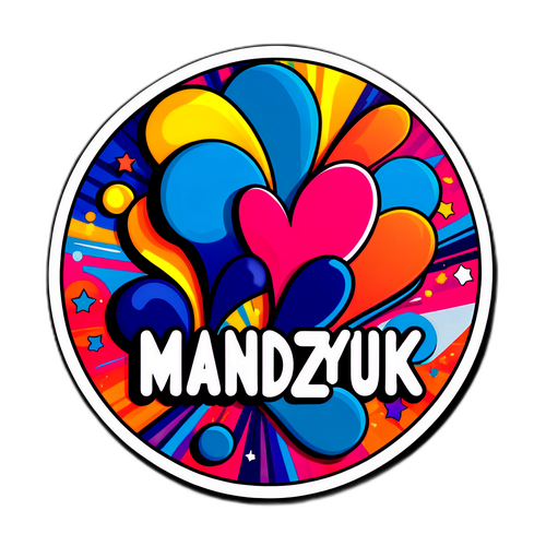 Дизайн наліпки з абстрактними формами та написом "mandzyuk" у стилі поп-арт