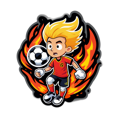 Een cartoon van een jongen met een voetbal omringd door vuur