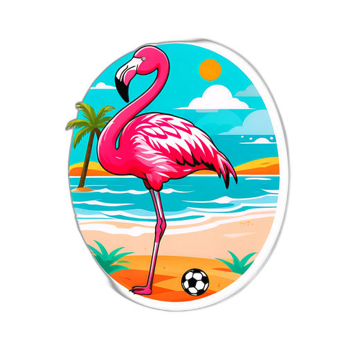 Flamingo na Naka-Jersey ng Bayern na Naglalaro ng Football sa Tropikal na Baybayin