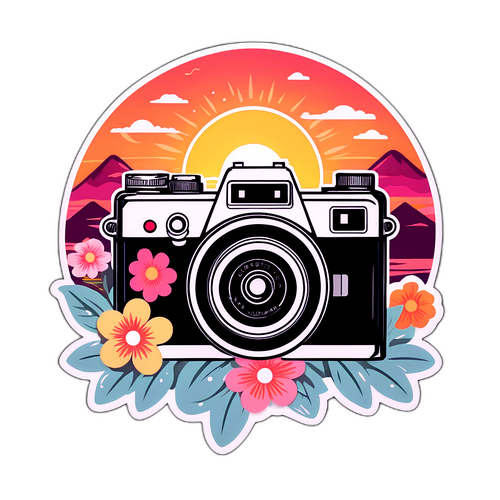 Vintage Camera with Floral Sunset