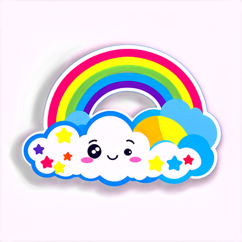 Cheerful Rainbow with Fluffy Clouds and Stars