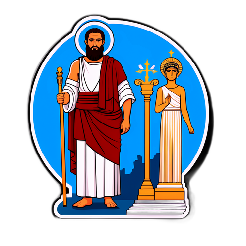 Σκηνικό του Χρίστου Μαστόρα ανάμεσα σε εικονίδια της ελληνικής κουλτούρας