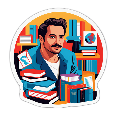 Diseño de figura de Sebastián Pareja rodeado de libros, cine y arte argentino moderno