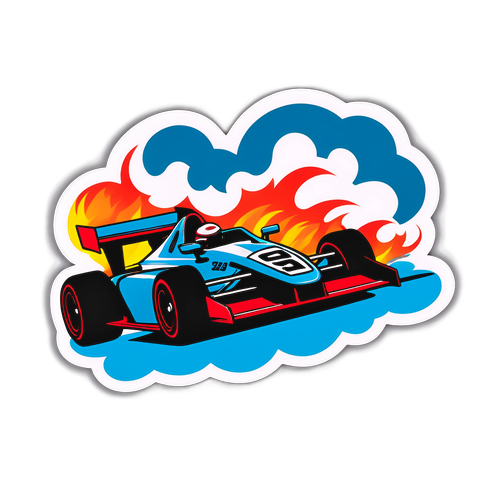 Sticker z wyścigowym samochodem wydobywającym się z chmur dymu