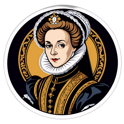 Aufkleber für das Salzburger Festspiel mit dramatischer Darstellung von Maria Stuarda in historischer Kostümierung