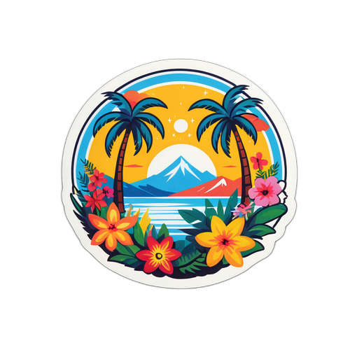 Sticker cu o imagine vibrantă a lui Törőcsik Franciska, înconjurată de flori și palmieri