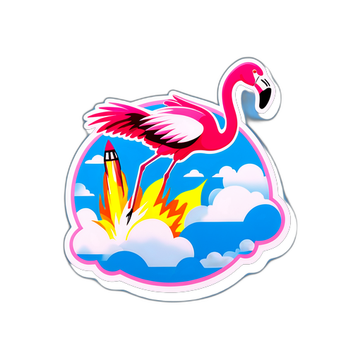 Ракета в форме фламинго, взлетающая на фоне яркого неба с облаками