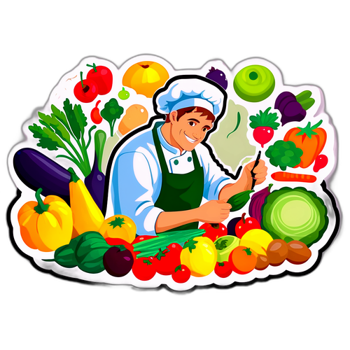 Dibujo de Tagliamonte cocinando en la cocina rodeado de frutas y verduras frescas