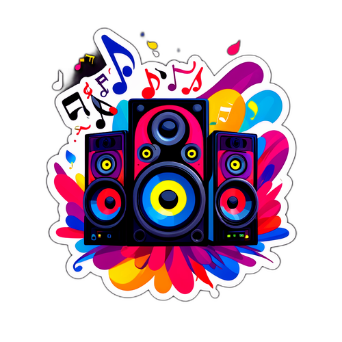 Stiker Hitam dengan Speaker Berwarna dan Nota Muzik
