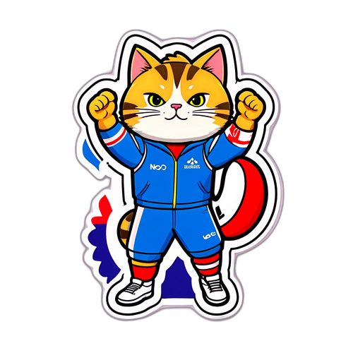Кот в олимпийском костюме с текстом 'Нет преград, только вперед!'